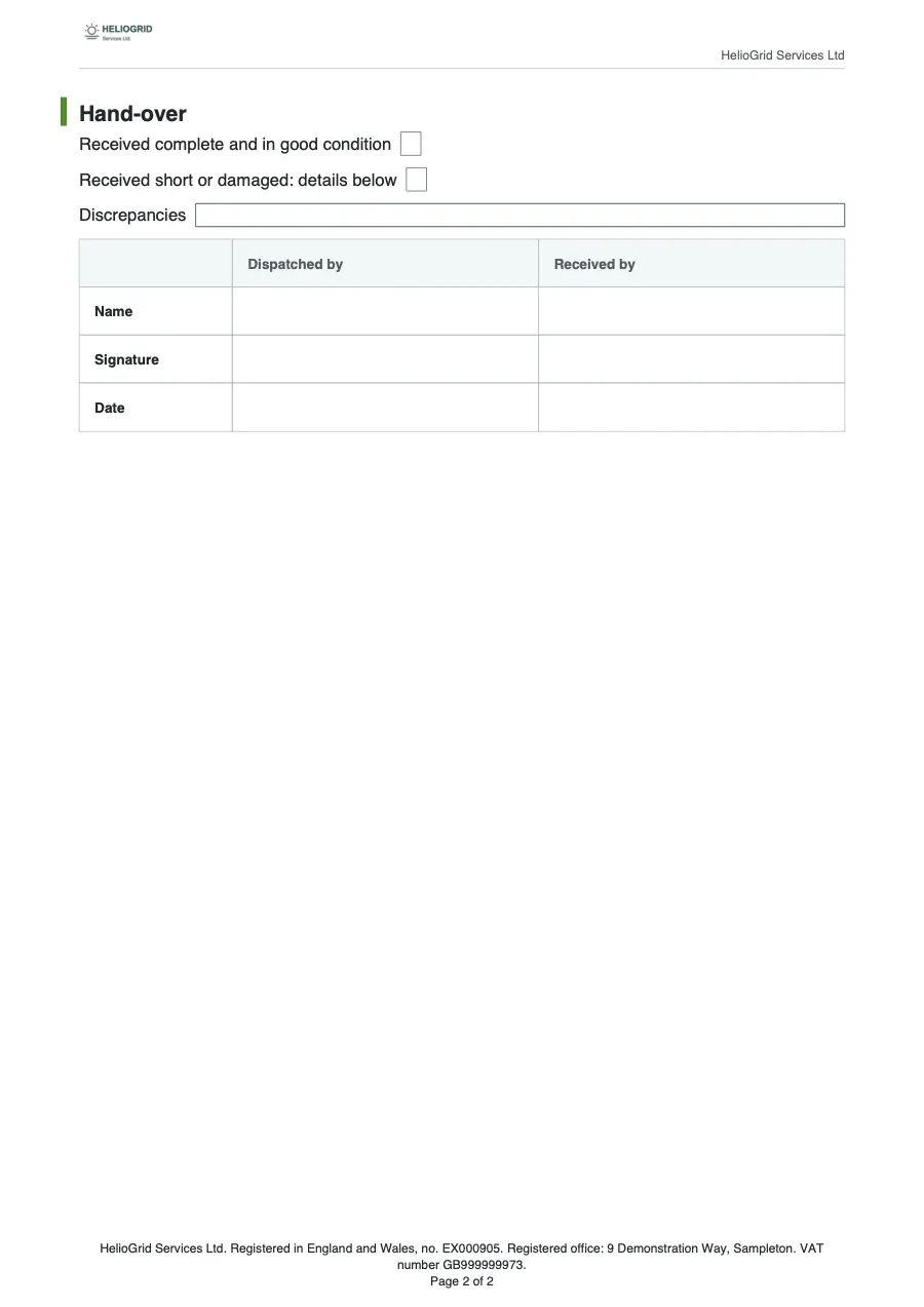 Page 2 of the parts transfer note.