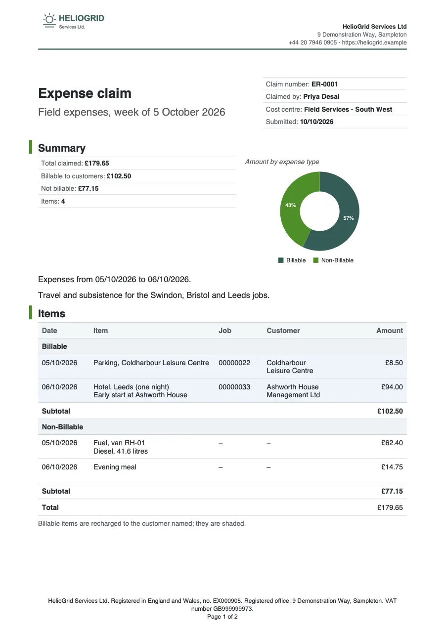 Page 1 of the expense claim starter, made with the HelioGrid sample brand.