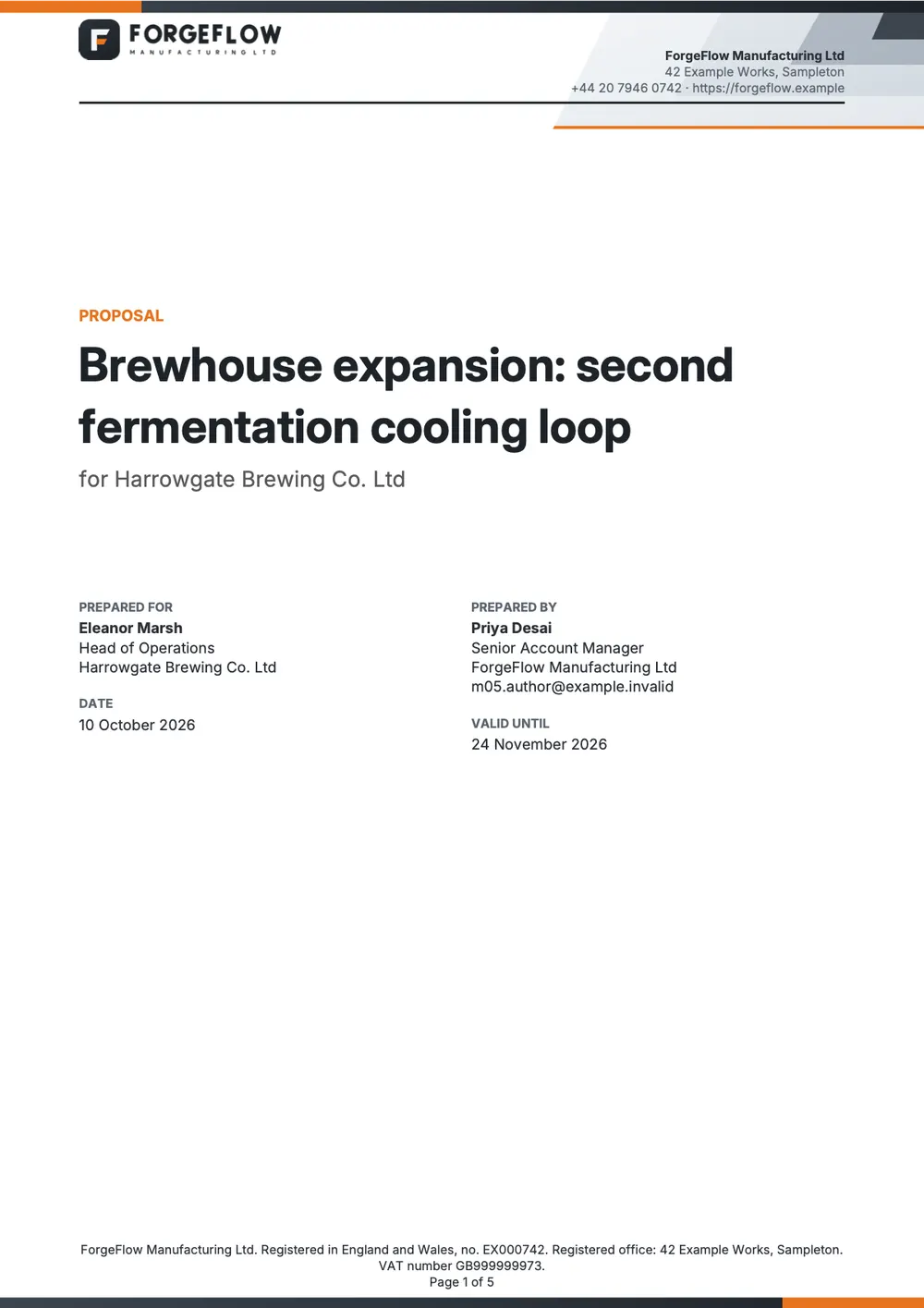 Page 1 of the sales proposal starter, made with the ForgeFlow sample brand.