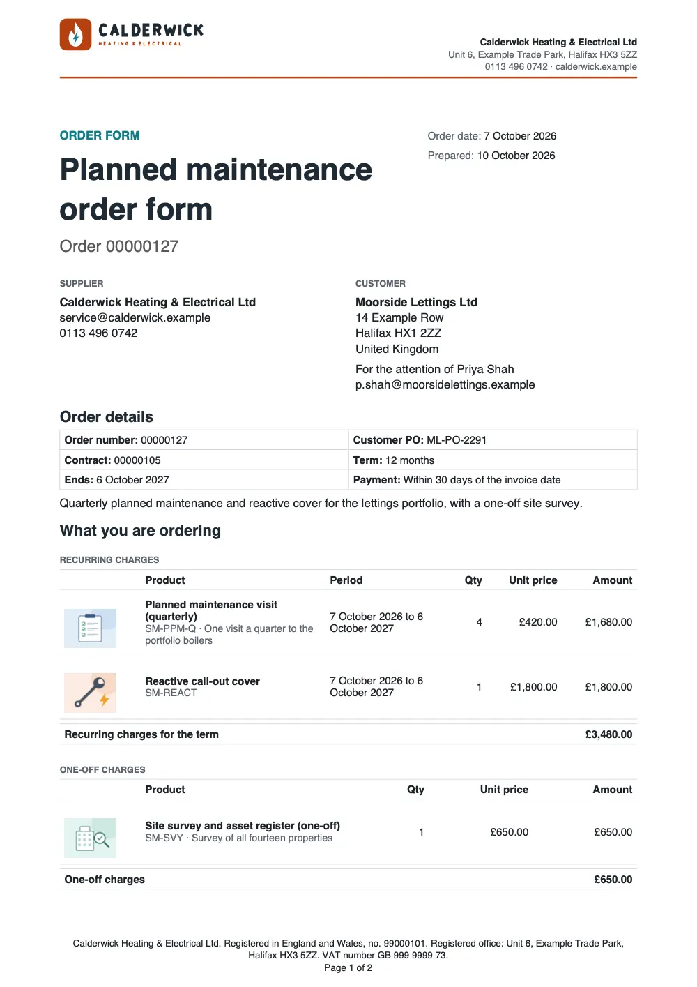 Page 1 of the order form to sign starter, made with the Aurevia sample brand.