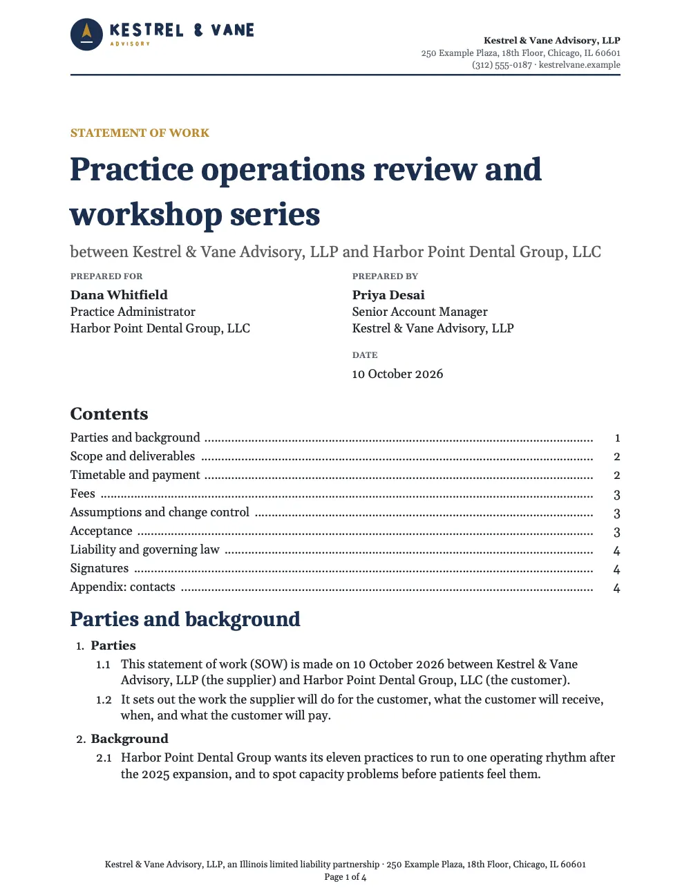 Page 1 of the statement of work starter, made with the Kestrel & Vane Advisory sample brand.