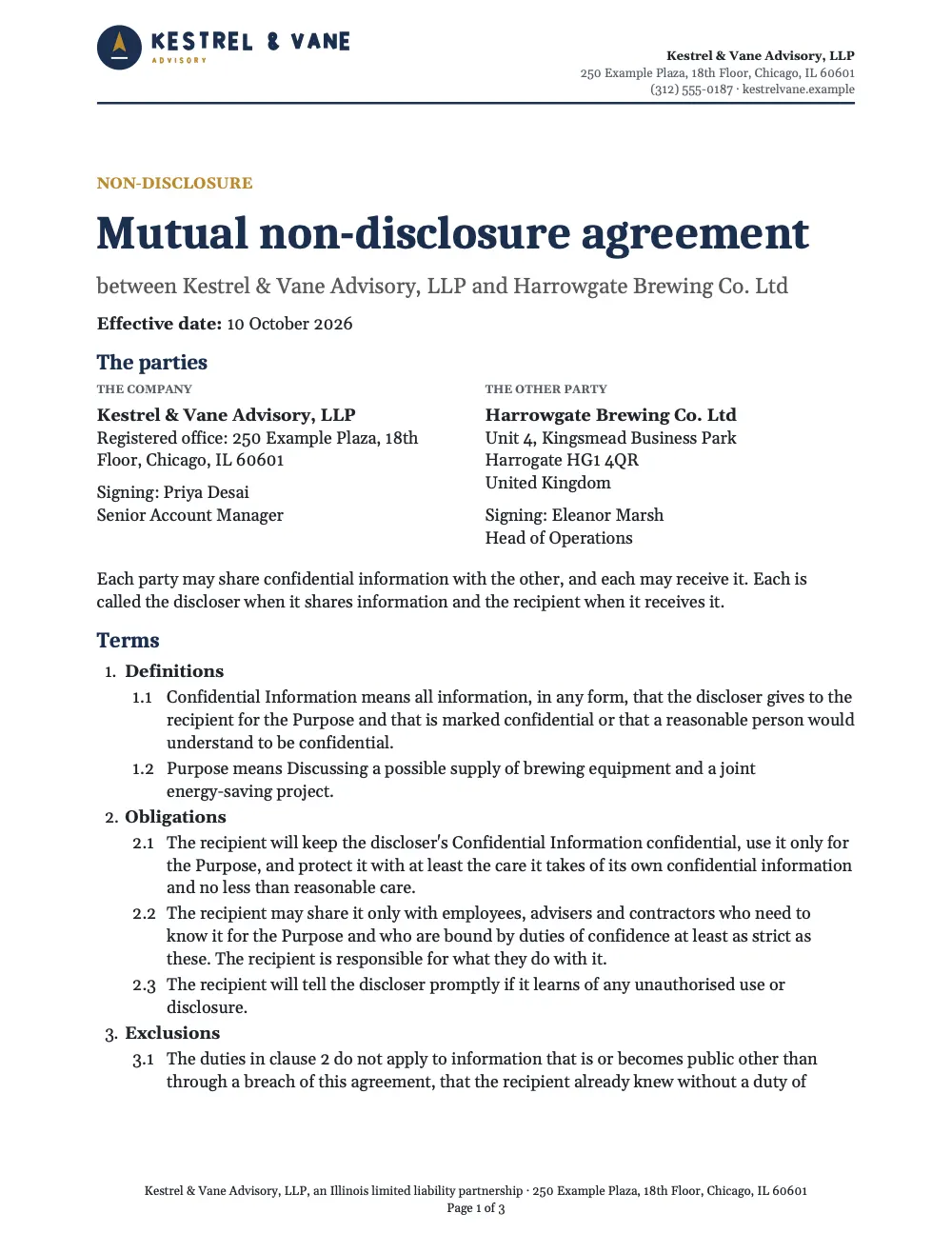 Page 1 of the mutual non-disclosure agreement starter, made with the Velmora sample brand.