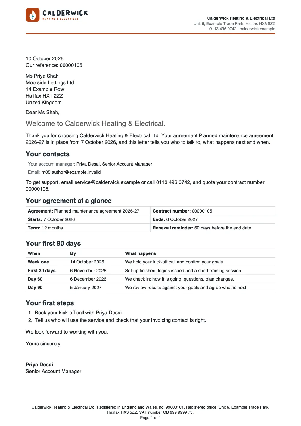 Page 1 of the customer welcome letter and onboarding plan starter, made with the Stanmoor Facilities Management sample brand.
