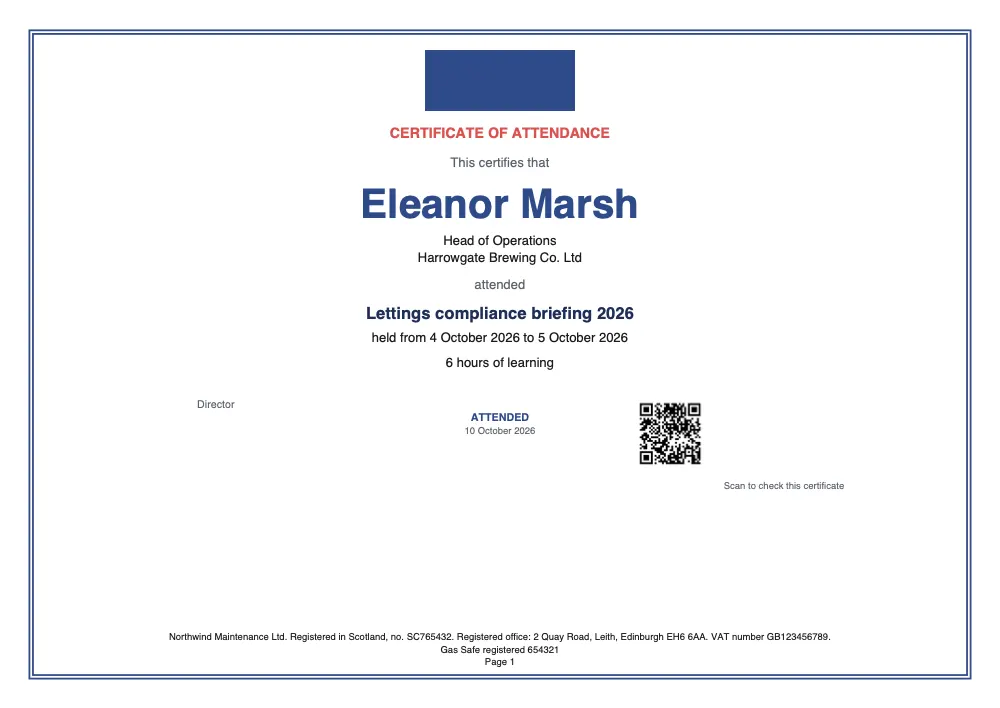 Page 1 of the event certificate of attendance starter, made with the Cindervale sample brand.