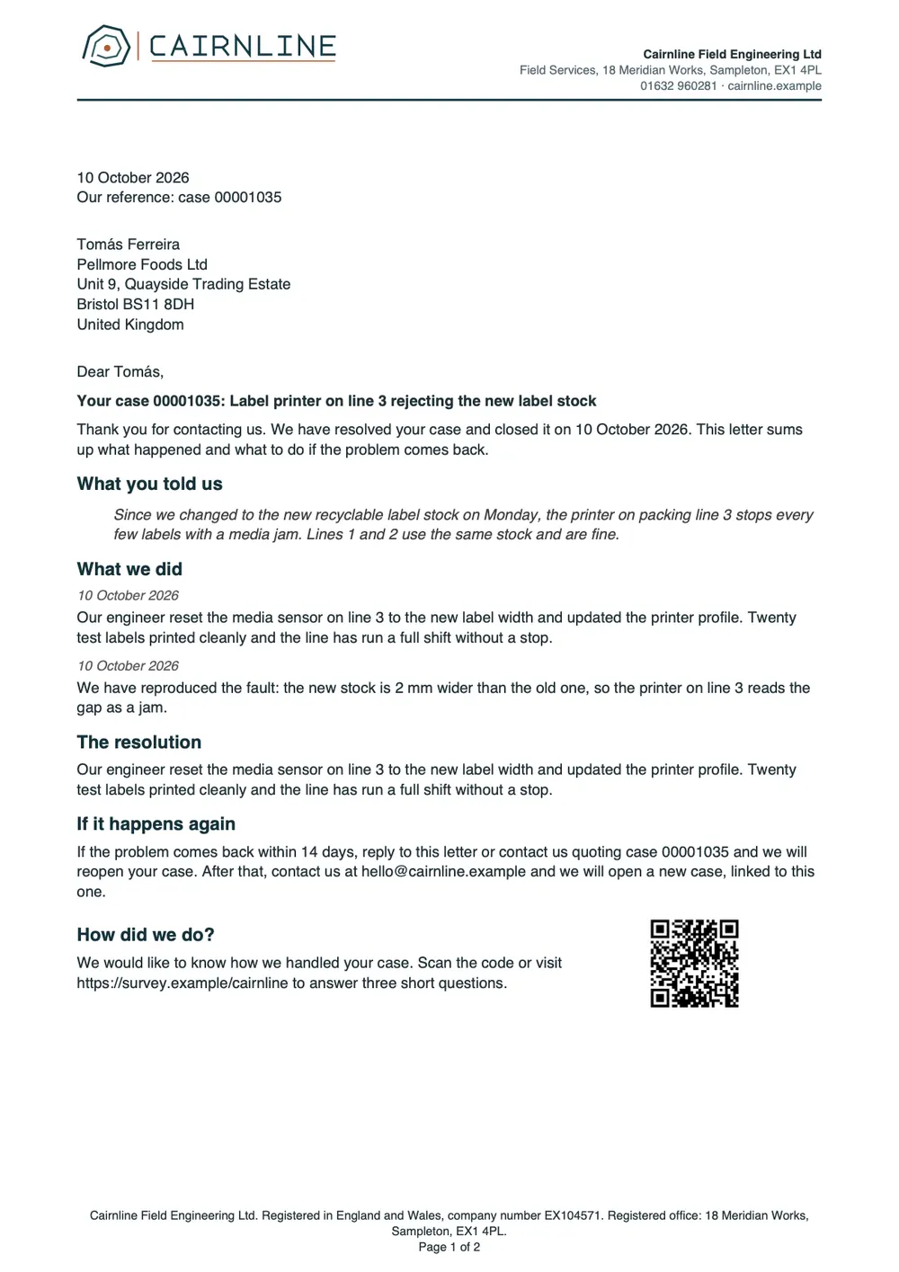 Page 1 of the case resolution letter starter, made with the Velmora sample brand.