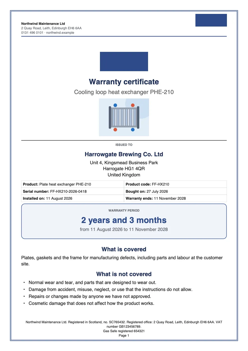 Page 1 of the warranty certificate starter, made with the ForgeFlow sample brand.