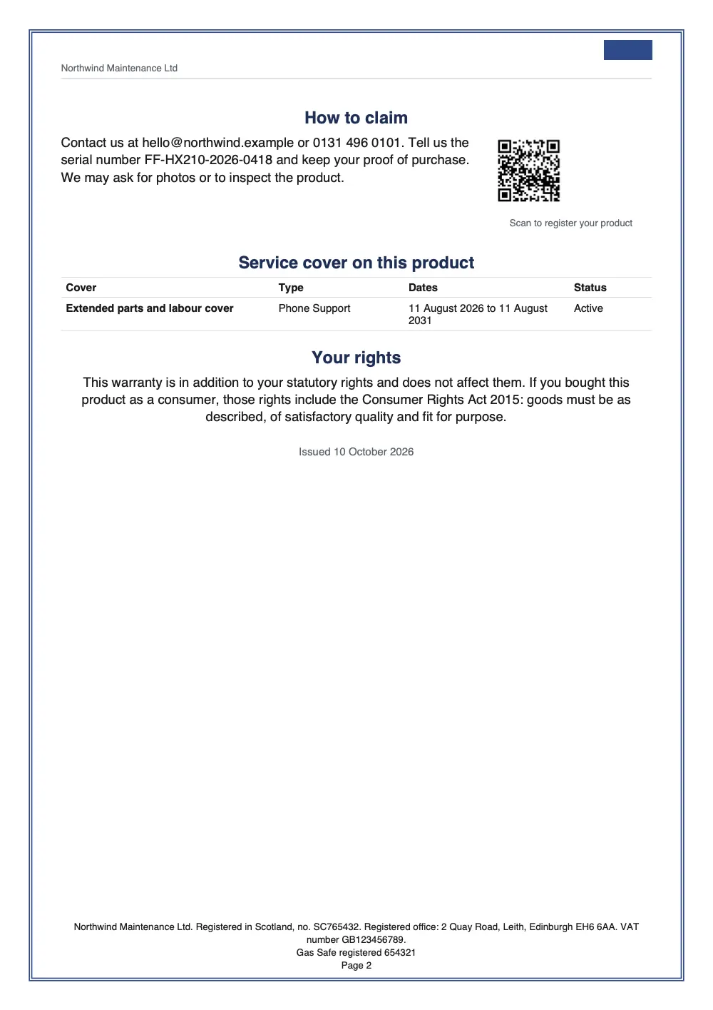 Page 2 of the warranty certificate.