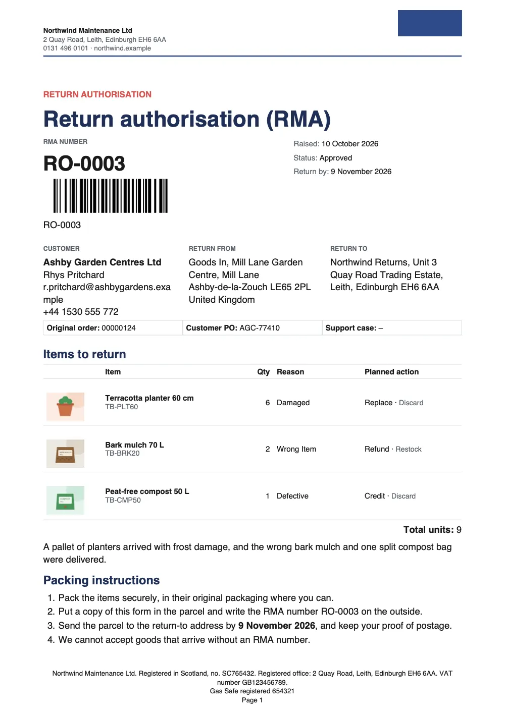 Page 1 of the return authorisation (rma) starter, made with the Ternbrook sample brand.