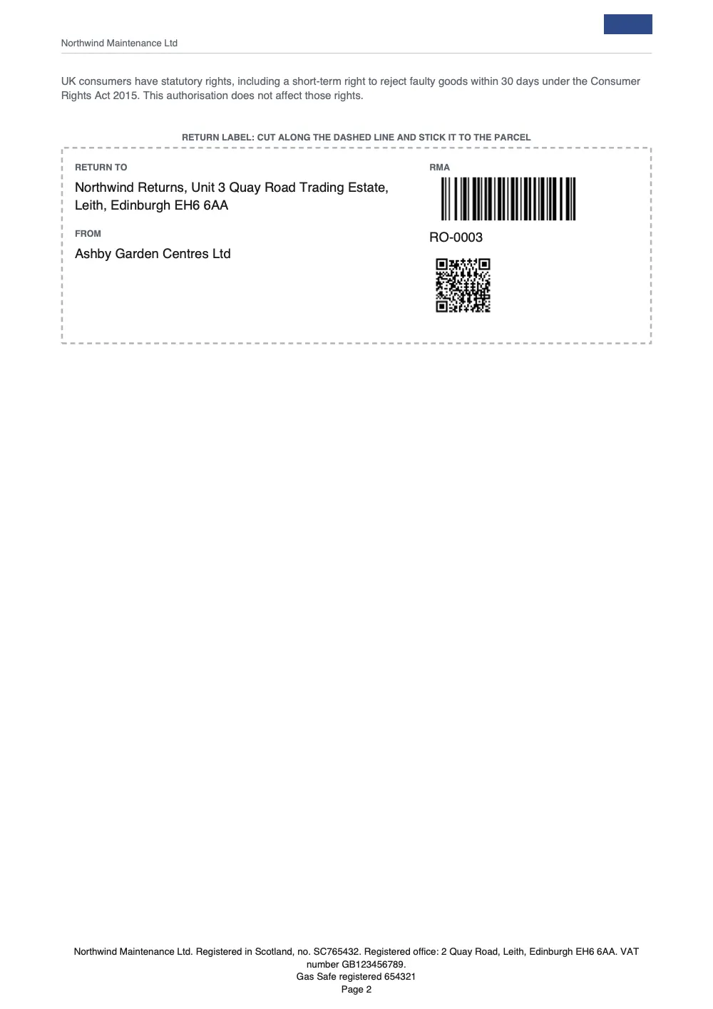 Page 2 of the return authorisation (rma).