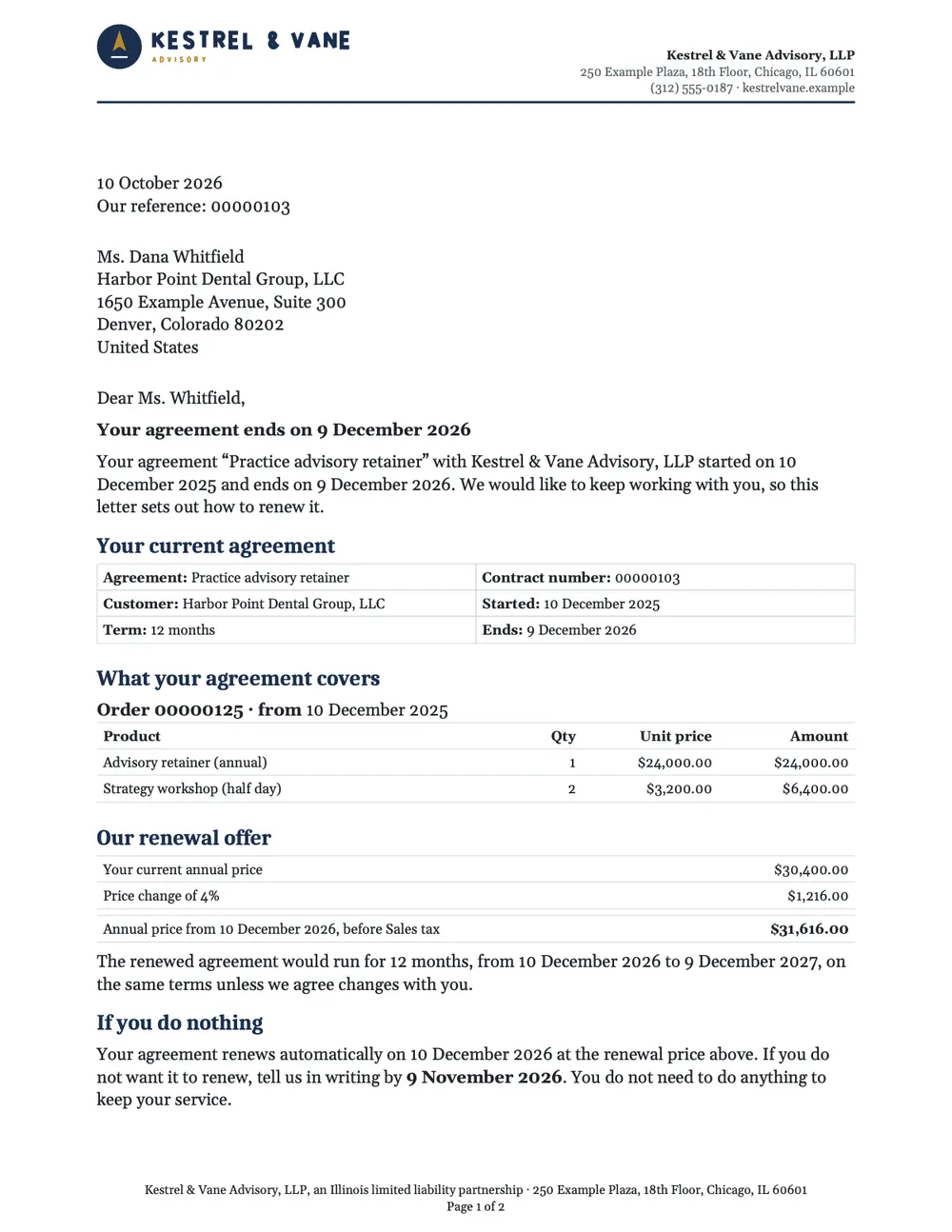 Page 1 of the contract renewal notice starter, made with the Kestrel & Vane Advisory sample brand.