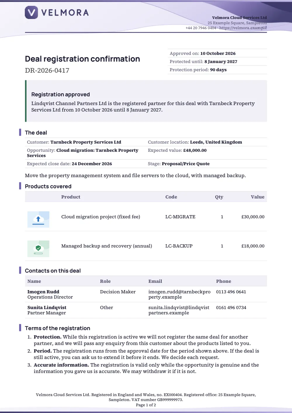 Page 1 of the deal registration confirmation starter, made with the ForgeFlow sample brand.