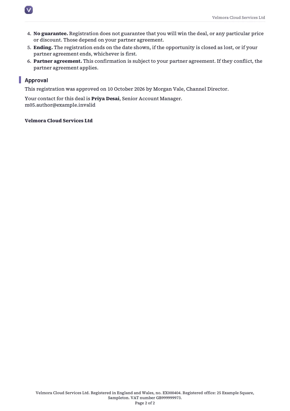 Page 2 of the deal registration confirmation.