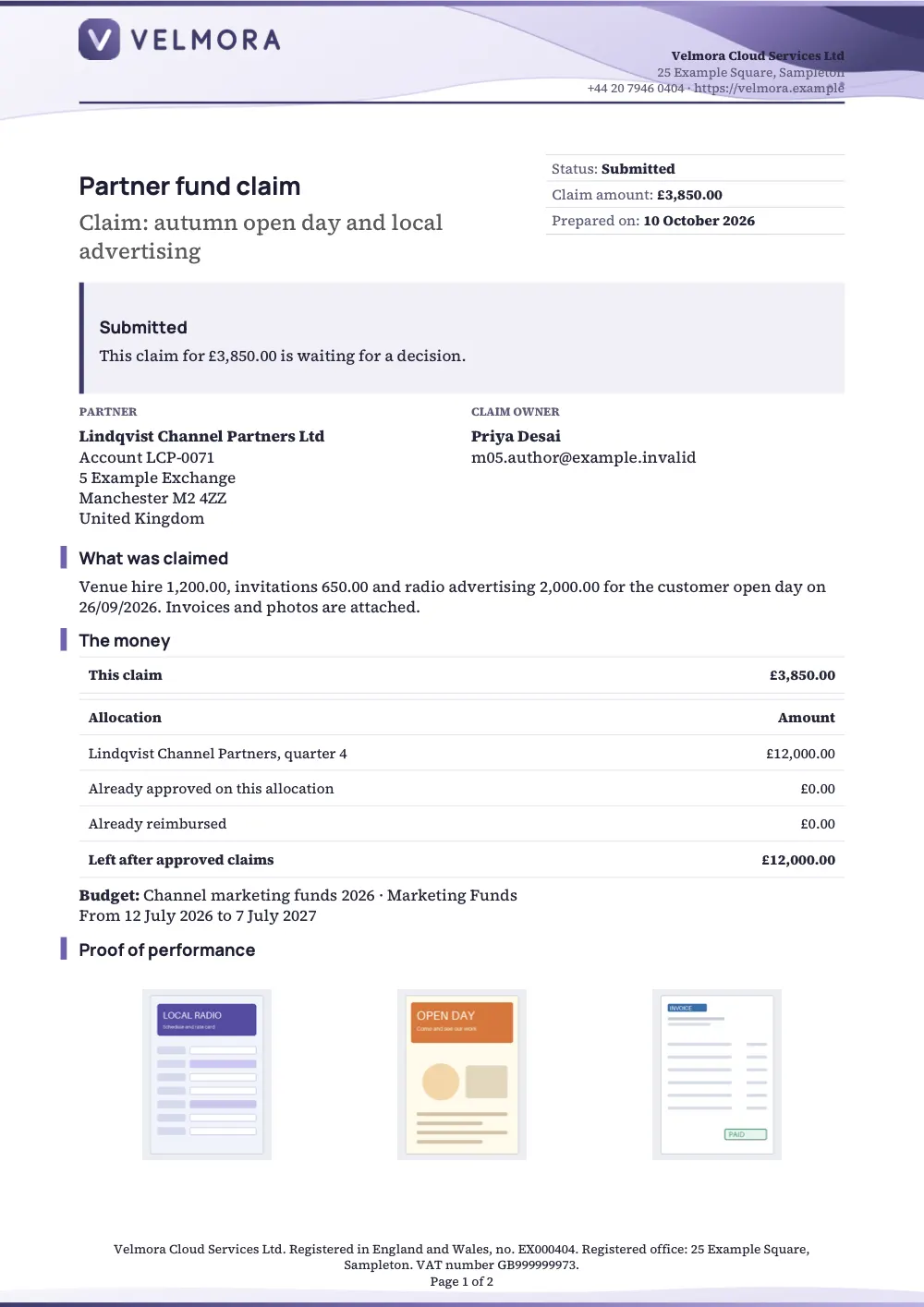 Page 1 of the partner fund claim summary starter, made with the Kestrel & Vane Advisory sample brand.