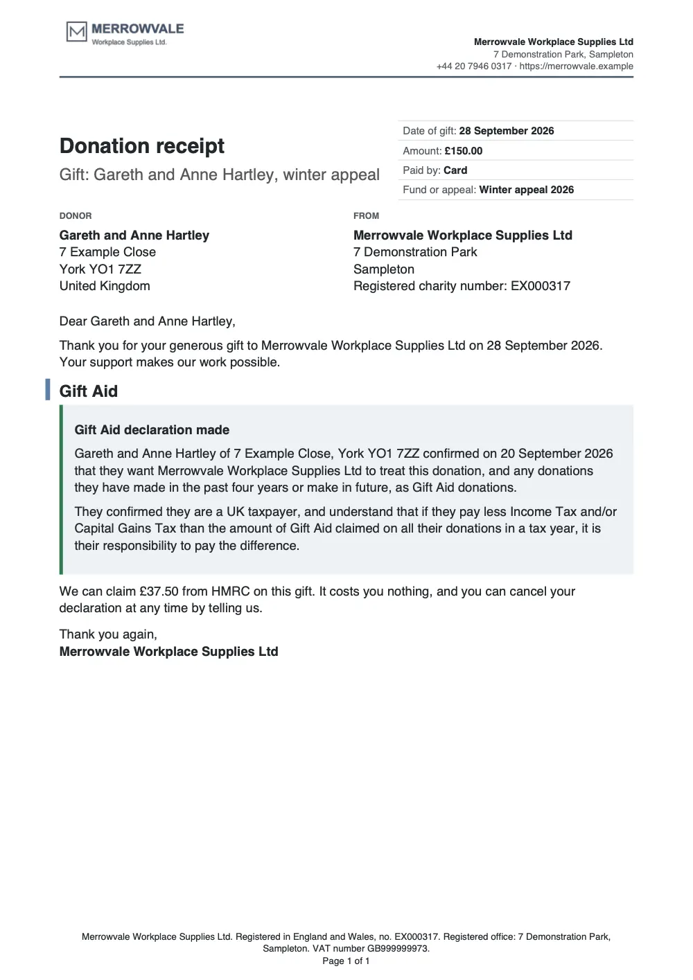 Page 1 of the donation receipt, gift aid or irs acknowledgment starter, made with the Brindlewick sample brand.