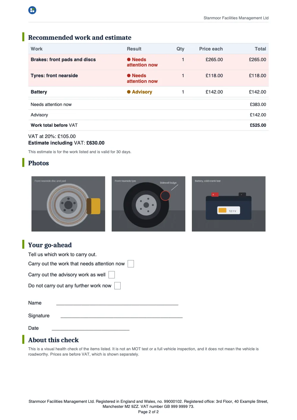 Page 2 of the vehicle health check.