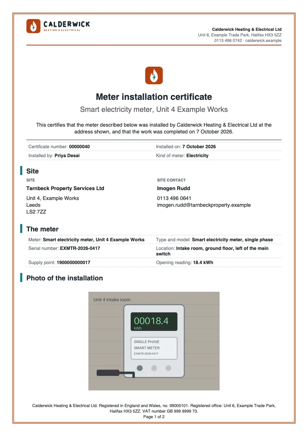 Page 1 of the meter installation certificate starter, made with the HelioGrid sample brand.