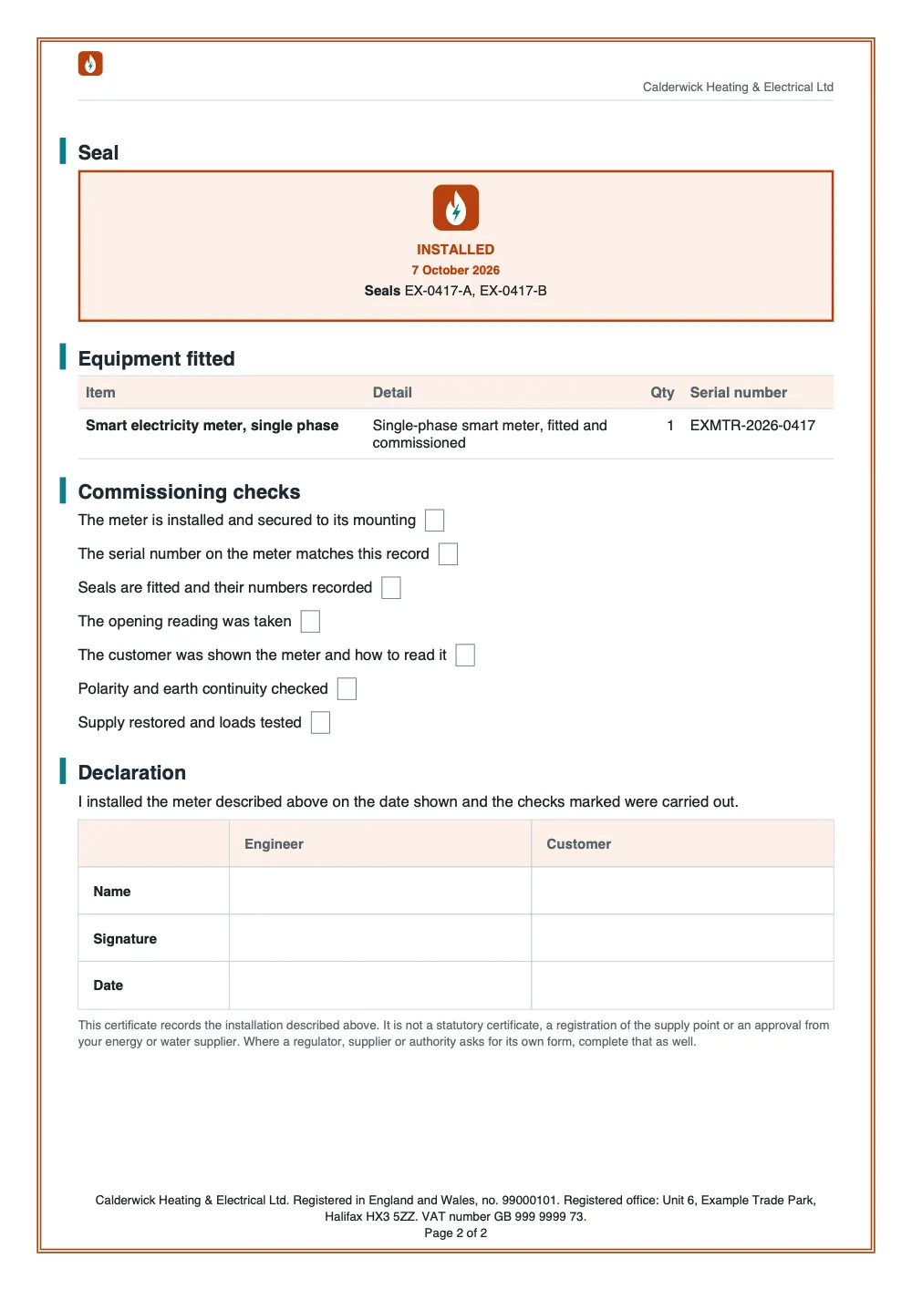 Page 2 of the meter installation certificate.