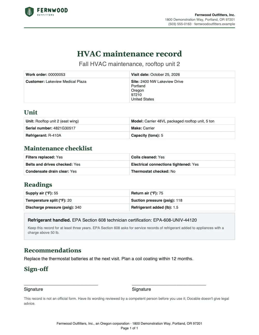 Page 1 of the hvac maintenance record starter, made with the Fernwood Outfitters sample brand.