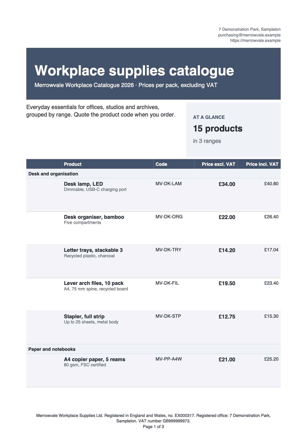 Page 1 of the product catalogue for the sample brand Merrowvale Workplace Supplies.
