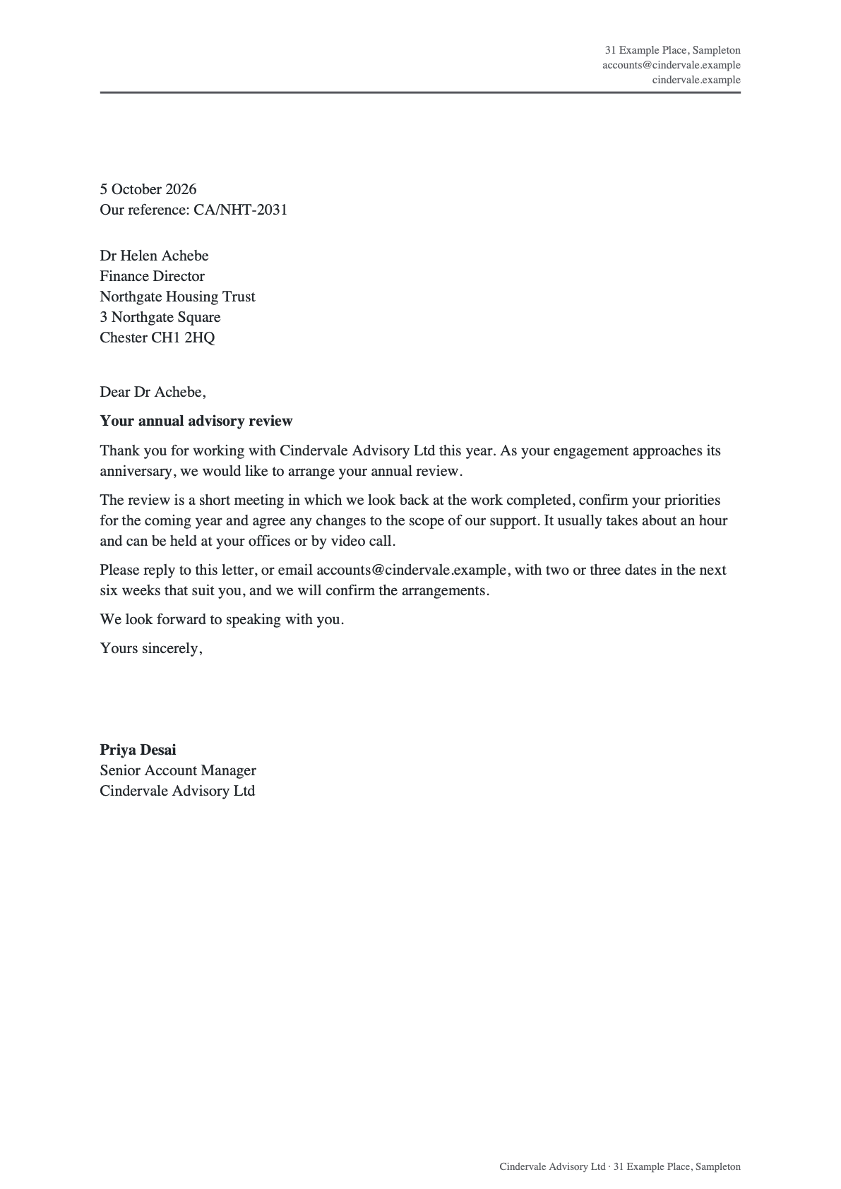 Page 1 of the customer letter for the sample brand Cindervale Advisory.