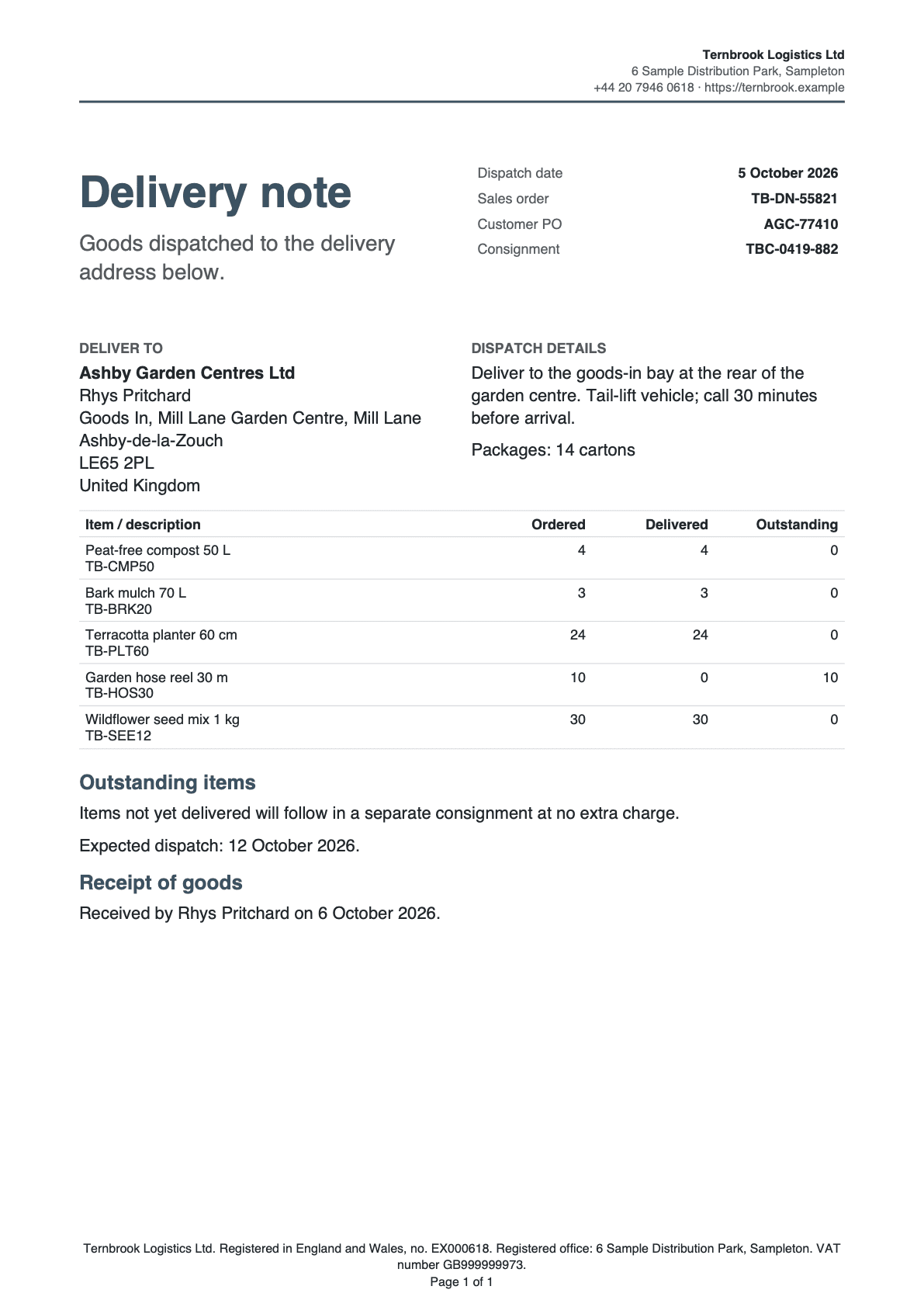 Page 1 of the delivery note for the sample brand Ternbrook Logistics.