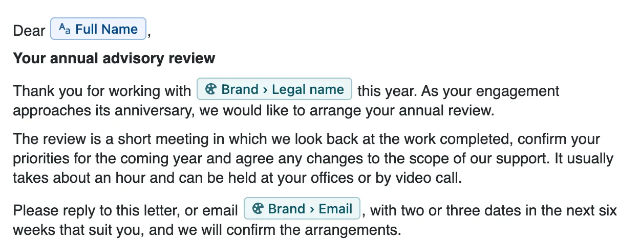 A letter being written in the Docable editor: Dear, then a Full Name field, a bold heading, and typed paragraphs with the Brand Legal name and Brand Email fields sitting inside the sentences.
