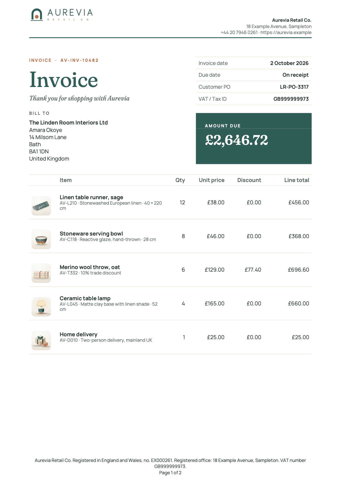 First page of an invoice generated by Docable for the sample brand Aurevia: a large serif title, the bill-to address, a sage amount-due card and invoice lines with a picture of each product. Numbered callouts: 1, Title and parties.; 2, Dates and amount due.; 3, Invoice lines.. They are described in the list below the image.