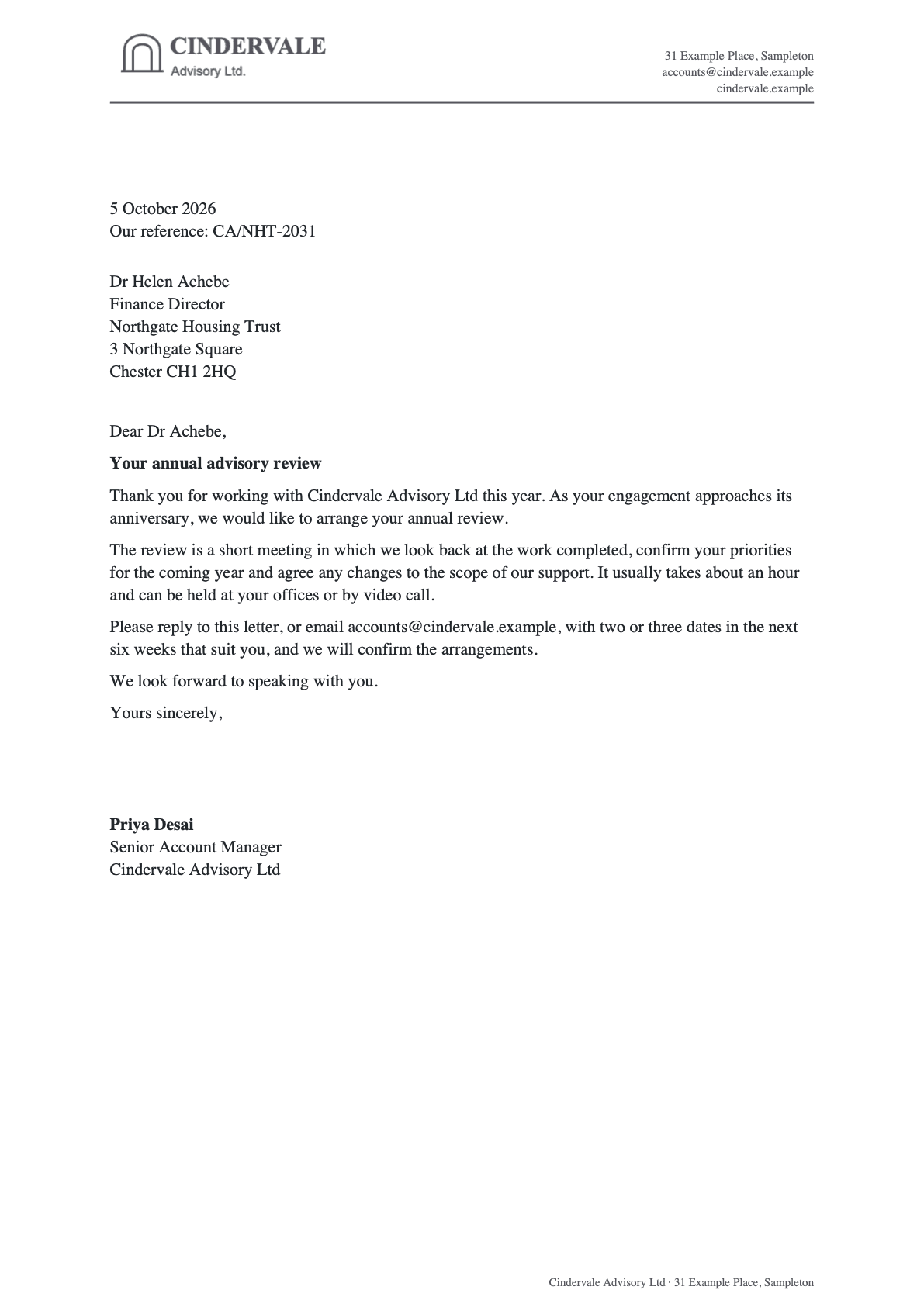 A one-page letter generated by Docable for the sample brand Cindervale: letterhead, the recipient's address, the date and reference, and a signed closing. Numbered callouts: 1, Page, margins and letterhead.; 2, Date, reference and address.; 3, Salutation.; 4, Subject and paragraphs.; 5, Sign-off and signatory.. They are described in the list below the image.