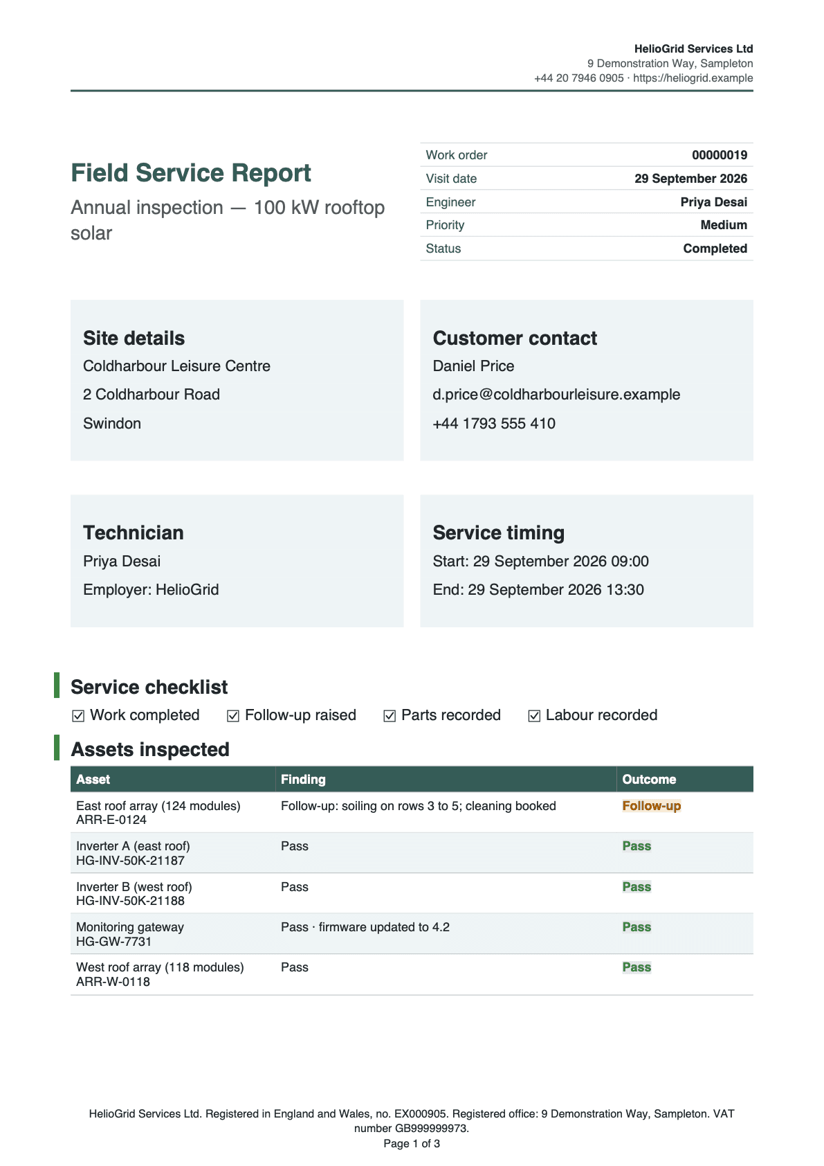 Page 1 of the field service report for the sample brand HelioGrid Services.