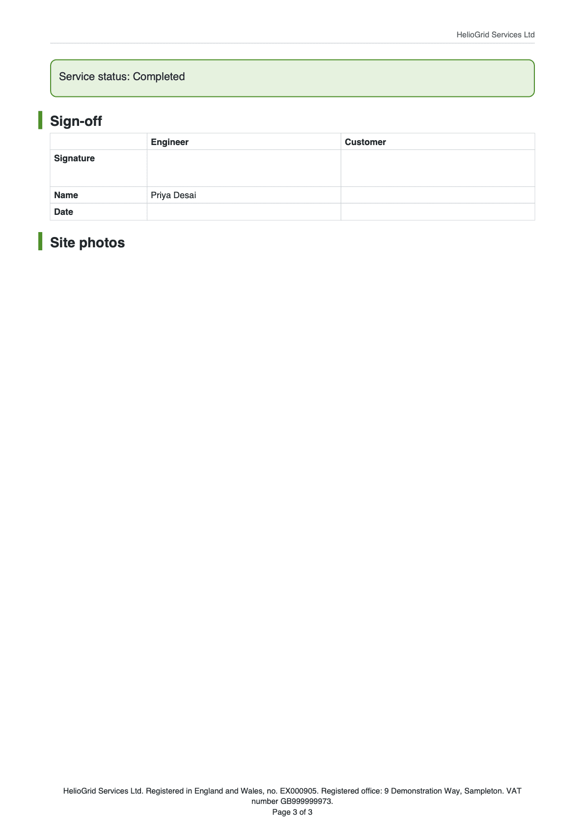 Page 3 of the field service report.