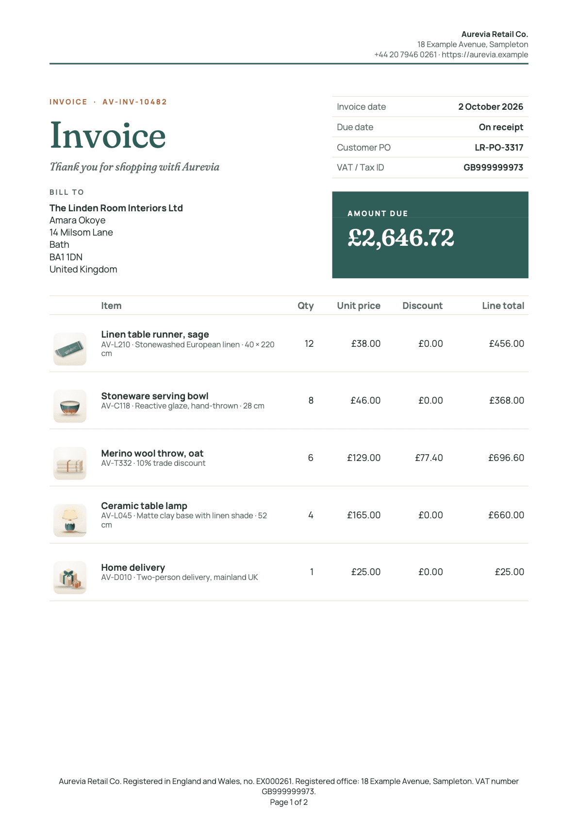Page 1 of the invoice for the sample brand Aurevia Retail.