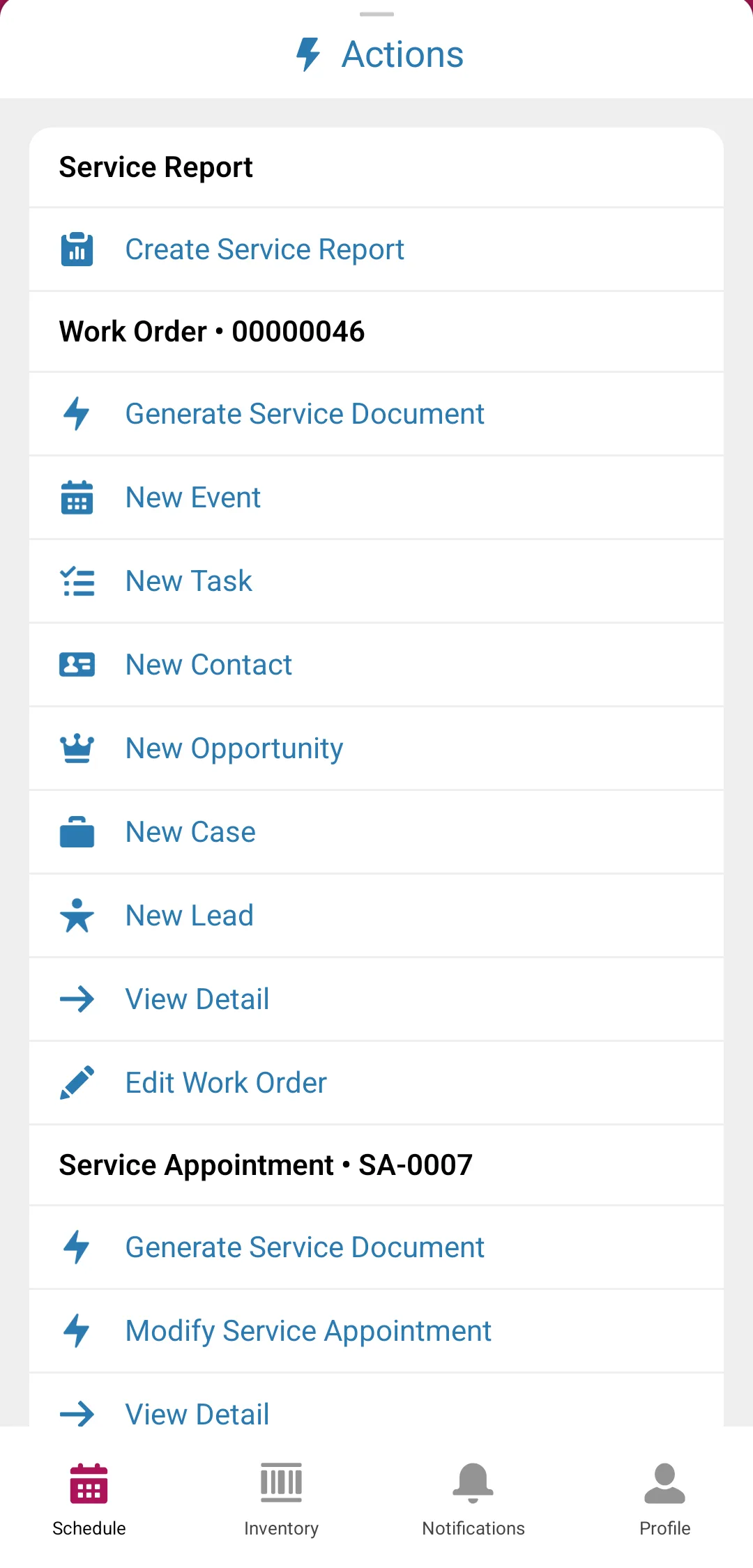 The Field Service mobile app on work order 00000046, Annual service: east roof array, rows 3 to 5, with the Actions list open and Generate Service Document among the actions.