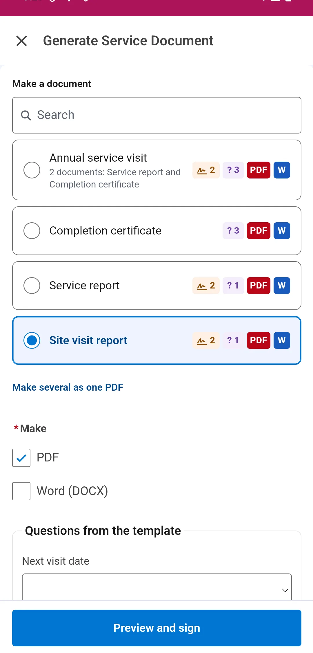 Generate Service Document in the Field Service mobile app: Make a document, a search box and the documents for the job, Annual service visit (two documents, two signatures, three questions), Completion certificate (three questions), Service report (two signatures, one question) and Site visit report (two signatures, one question, selected), each with PDF and Word badges, then Make with PDF ticked, Questions from the template and Preview and sign.