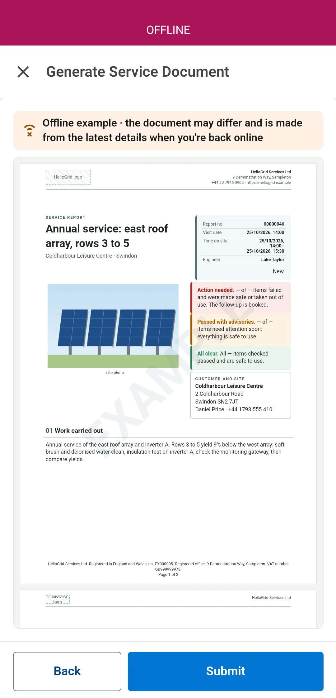 Generate Service Document in the Field Service mobile app while offline: the note Offline example, the document may differ and is made from the latest details when you're back online, and the example page of a site visit report for work order 00000046, Annual service: east roof array, rows 3 to 5, Coldharbour Leisure Centre, with the site photo, the result banners, the customer and site box and the work carried out, marked EXAMPLE, with Back and Submit at the foot.