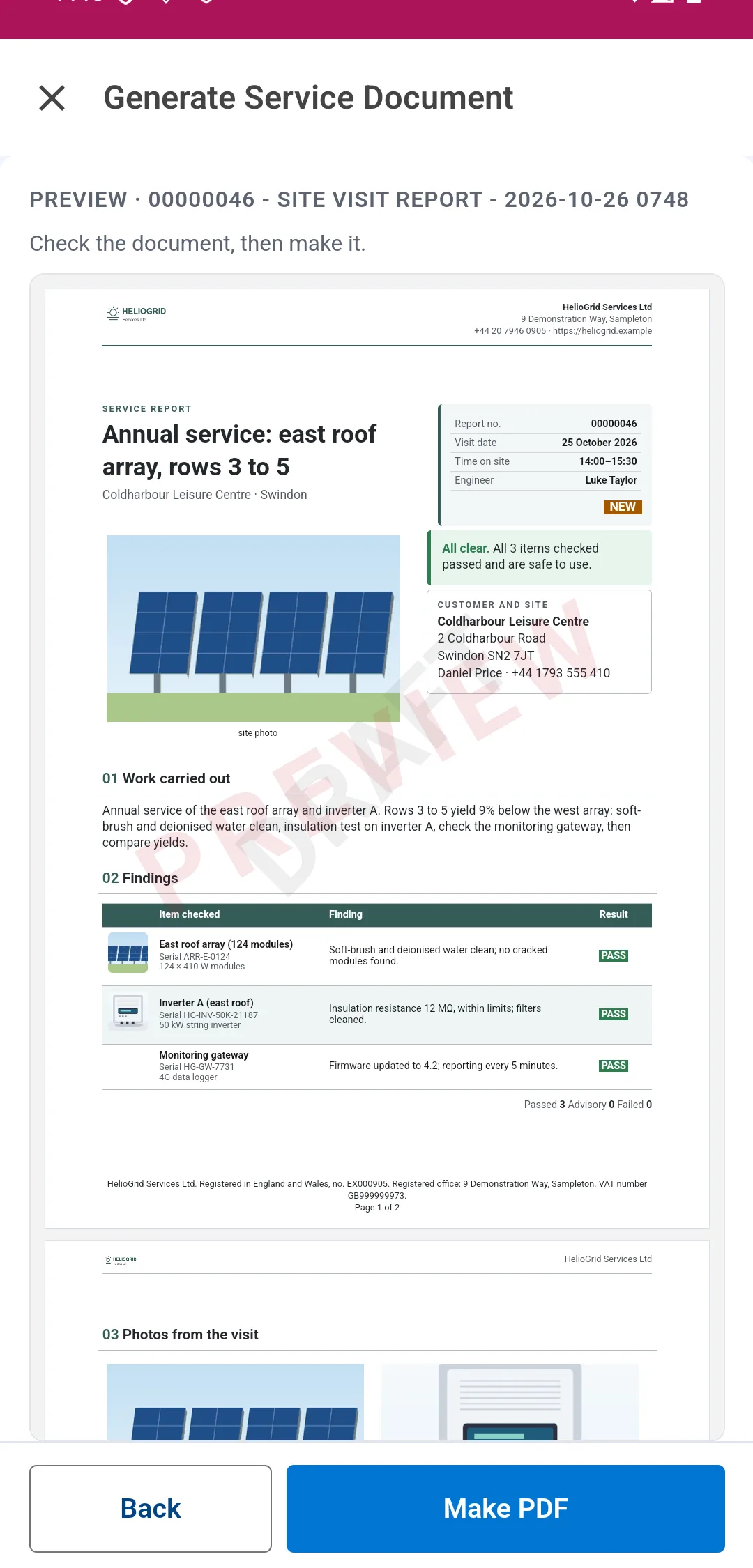 Generate Service Document in the Field Service mobile app, online: the preview of a site visit report for work order 00000046, Annual service: east roof array, rows 3 to 5, Coldharbour Leisure Centre, with the site photo, an All clear banner, the customer and site box, the work carried out and a findings table with a picture per row, marked PREVIEW, with Back and Make PDF at the foot.