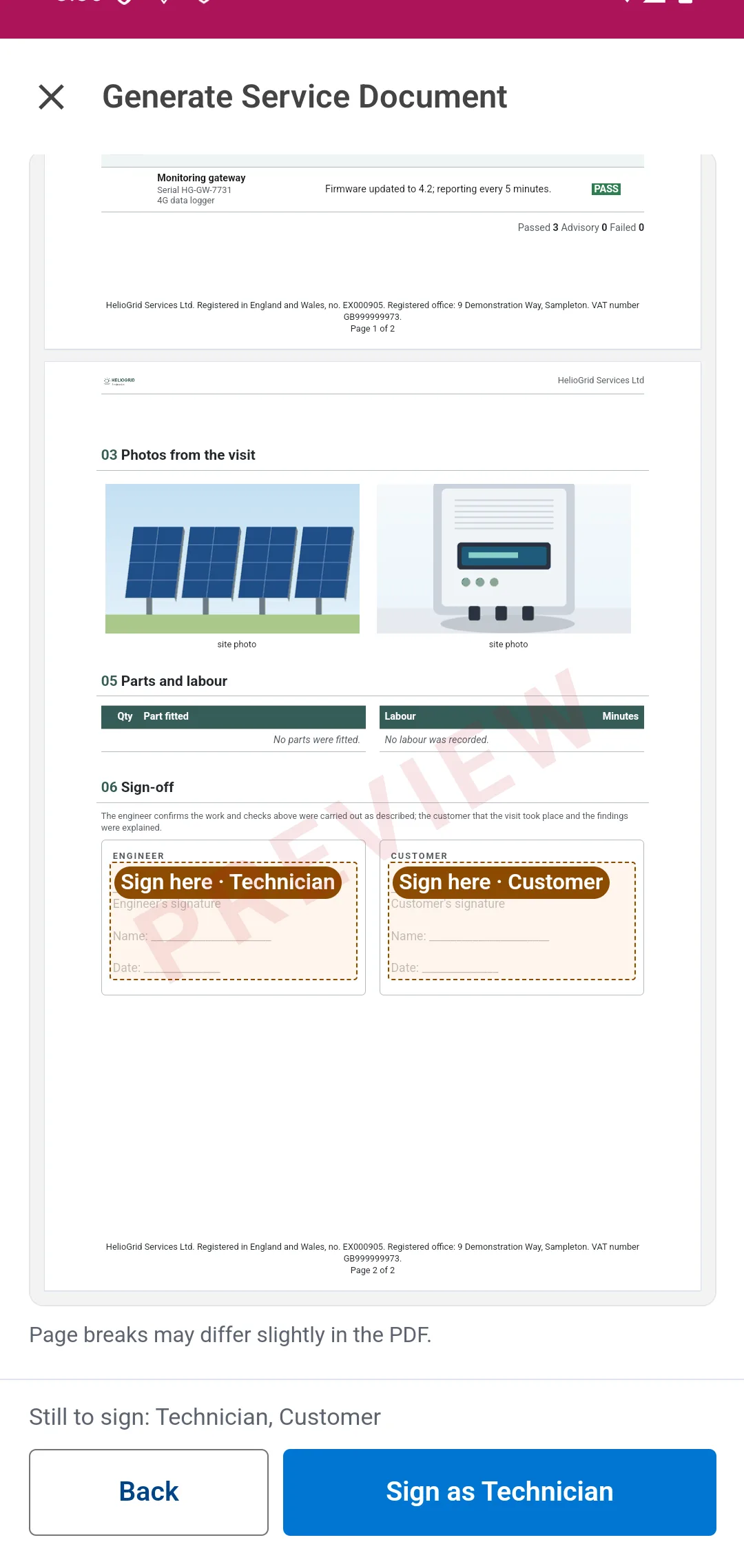 Generate Service Document in the Field Service mobile app, online: the preview of the site visit report scrolled to its second page, the two visit photos, the parts and labour tables and the sign-off with Sign here · Technician and Sign here · Customer boxes, marked PREVIEW, the line Still to sign: Technician, Customer, and Back and Sign as Technician at the foot.