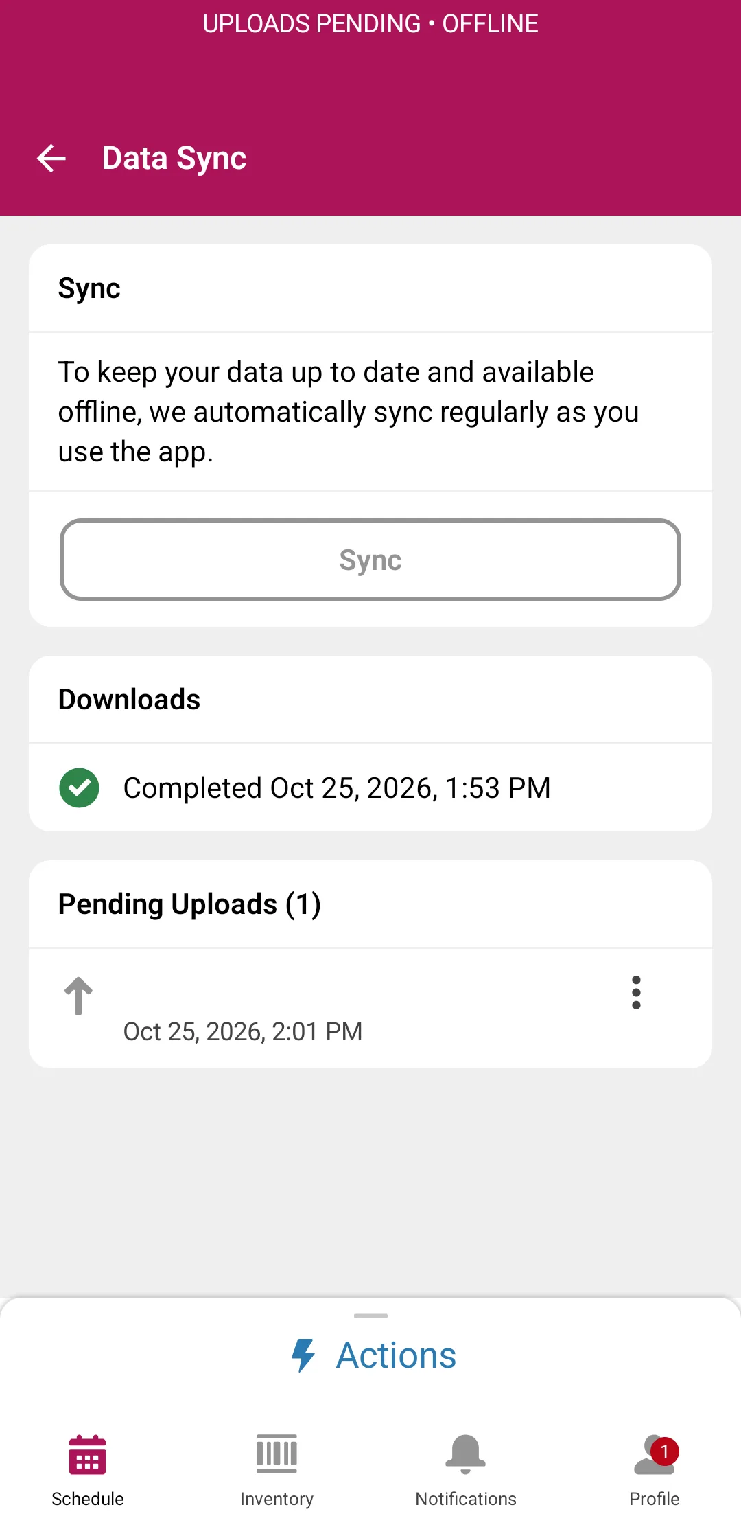 The Field Service mobile app's Data Sync page, marked UPLOADS PENDING, OFFLINE: Sync, Downloads completed, and Pending Uploads, 1, the document request saved on the phone at 2:01 PM.