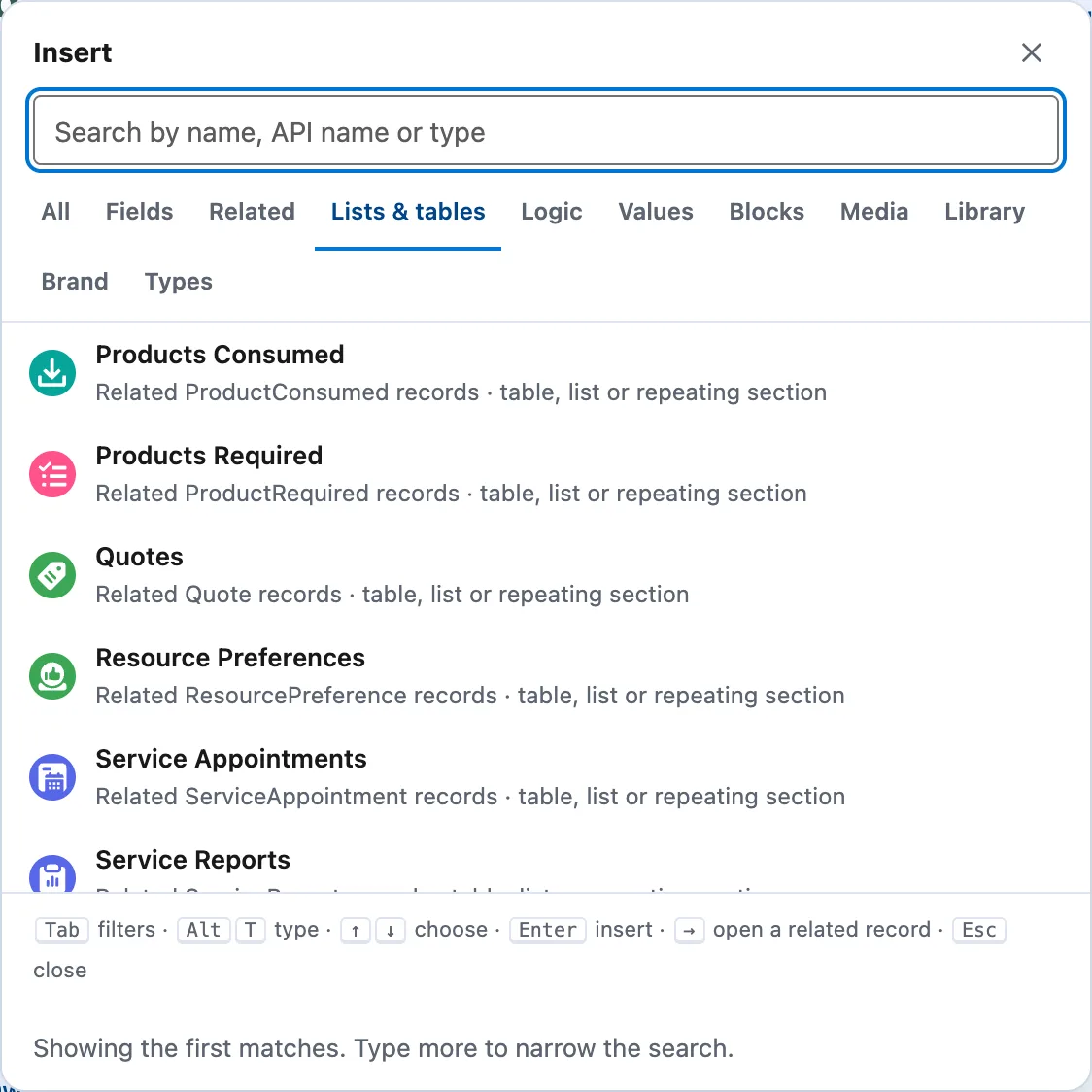 The Insert picker's Lists & tables tab on a Work Order: Products Consumed, Products Required, Quotes, Resource Preferences, Service Appointments and Service Reports, each offered as a table, list or repeating section.
