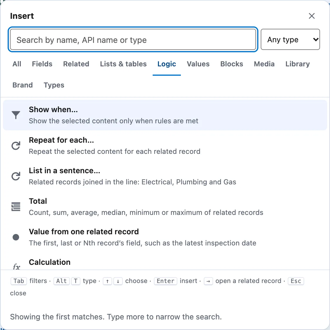 The Insert picker's Logic tab: Show when, Repeat for each, List in a sentence, Total, Value from one related record and Calculation.