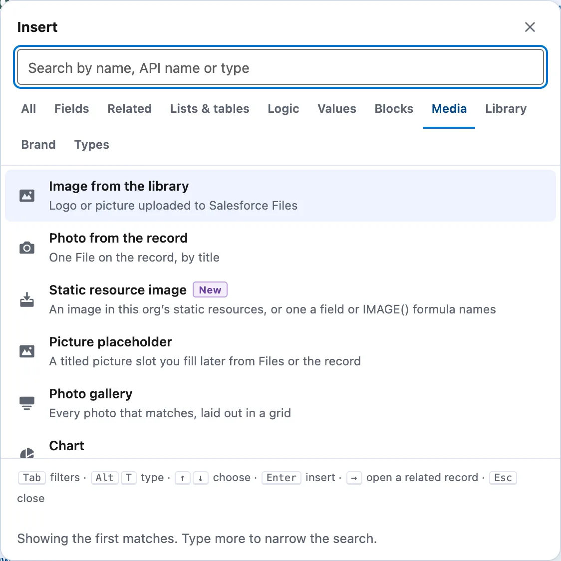 The Insert picker's Media tab: Image from the library, Photo from the record, Static resource image, Picture placeholder, Photo gallery and Chart.