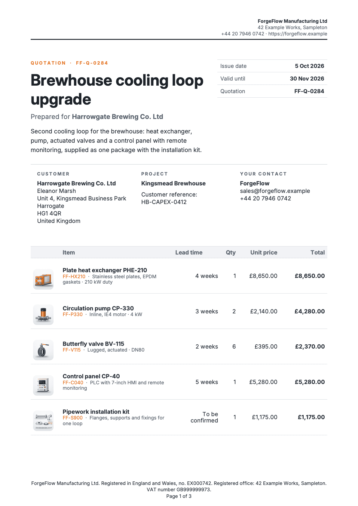 Page 1 of the quotation for the sample brand ForgeFlow Manufacturing.