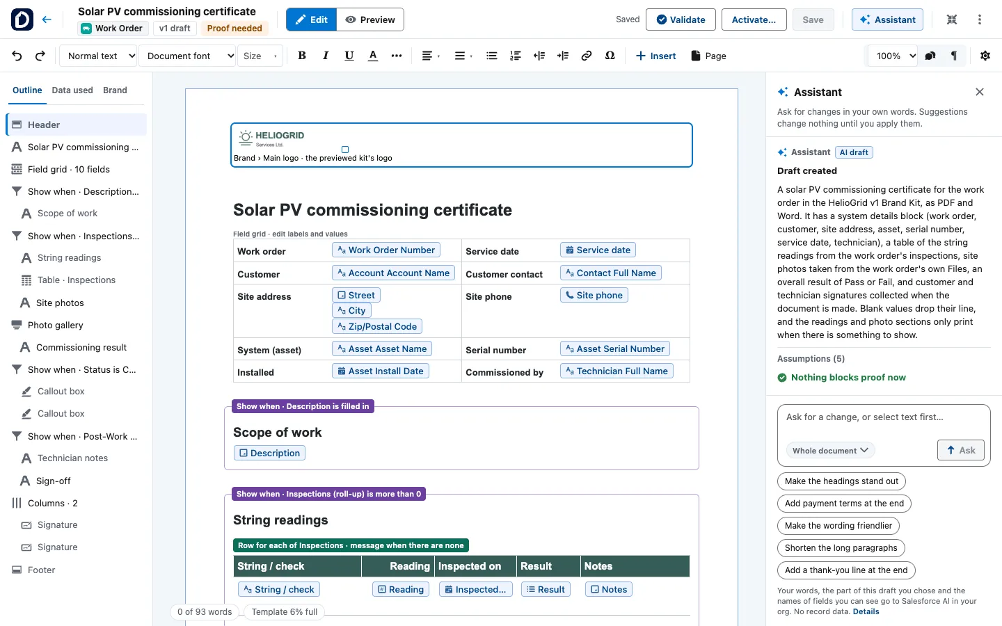 The AI draft open in Docable Studio: a Solar PV commissioning certificate on a Work Order with HelioGrid's logo, a field grid for the work order, customer, site address, asset, serial number and technician, a Scope of work section shown only when the description is filled in, a String readings table that repeats for each inspection, site photos, a commissioning result and two signing lines in the outline; the Assistant panel reports Draft created, describes the document, lists five assumptions and says nothing blocks proof now.