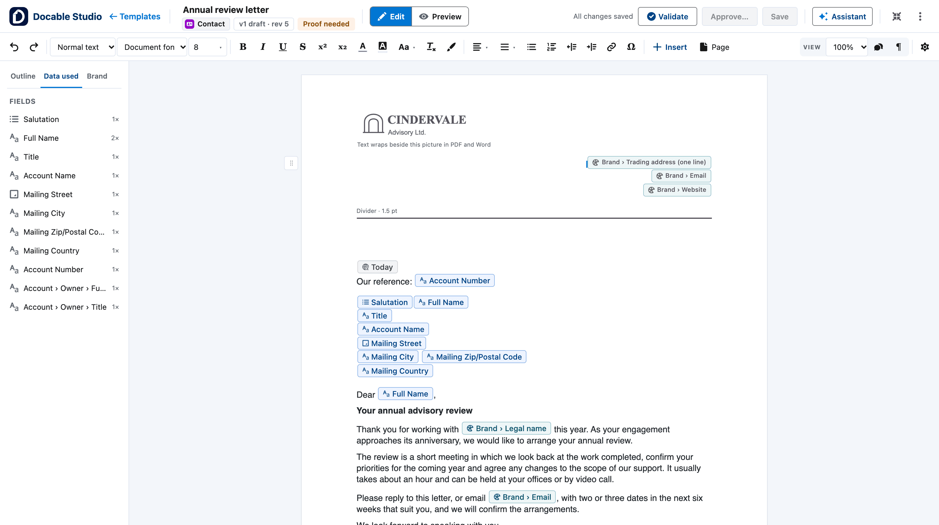 The Docable Studio editor with a customer letter open: a Word-style toolbar, the fields the letter uses listed on the left, the Cindervale letterhead, and Salesforce fields such as Full Name, Account Name and the mailing address sitting in the text as chips. Numbered callouts: 1, Edit and Preview, Validate, Approve…, Save.; 2, The toolbar; 3, The left panel; 4, The page; 5, Fields. They are described in the list below the image.