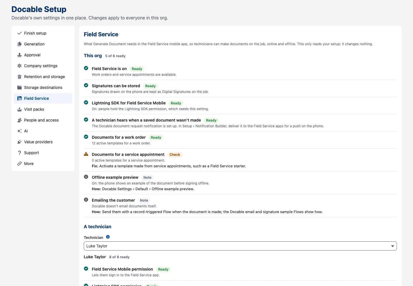 Docable Setup, Field Service: what Generate Document needs in the Field Service mobile app. This org, 5 of 6 ready: Field Service is on, Signatures can be stored, Lightning SDK for Field Service Mobile, A technician hears when a saved document wasn't made, Documents for a work order, each Ready, and Documents for a service appointment marked Check with its fix; notes on the offline example preview and emailing the customer; then A technician, with a technician chosen and 8 of 8 ready.