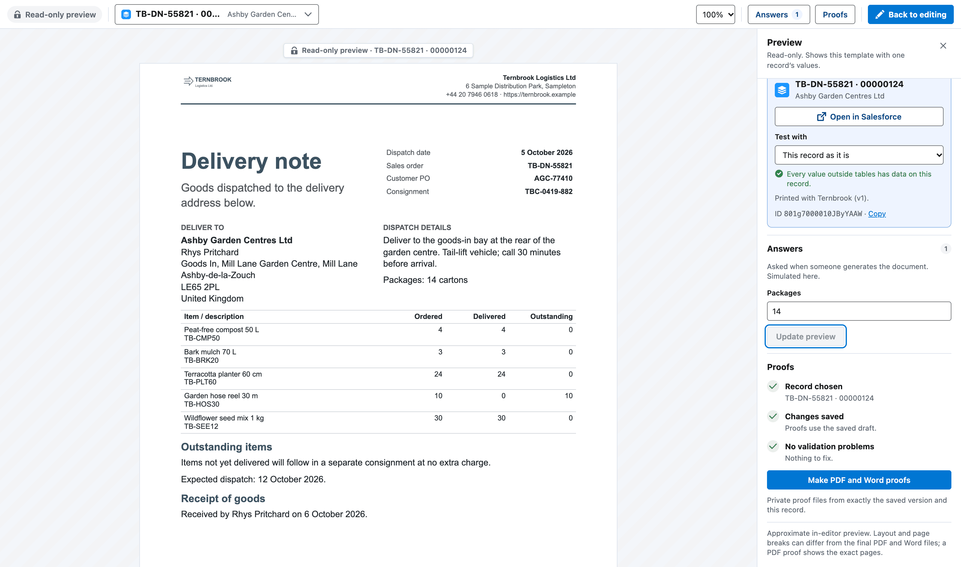 Docable Studio previewing a Ternbrook delivery note on order TB-DN-55821 for Ashby Garden Centres Ltd: the filled-in page with the delivery address, ordered, delivered and outstanding quantities and an Outstanding items section, and a panel with the record, the answer asked at generation and the proof checks with a Make PDF and Word proofs button. Numbered callouts: 1, The test record.; 2, The page; 3, Answers.; 4, Proofs.. They are described in the list below the image.
