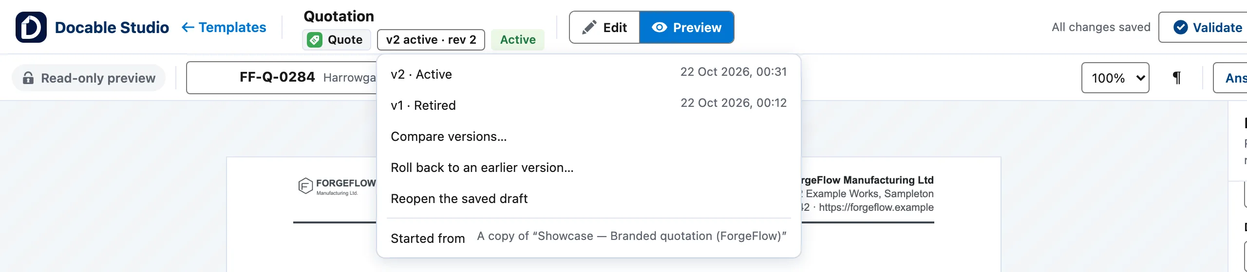 The version menu of a Quotation template in Docable Studio: v2 active and v1 retired with their dates, Compare versions, Roll back to an earlier version, Reopen the saved draft, and Started from a copy of the branded quotation starter.