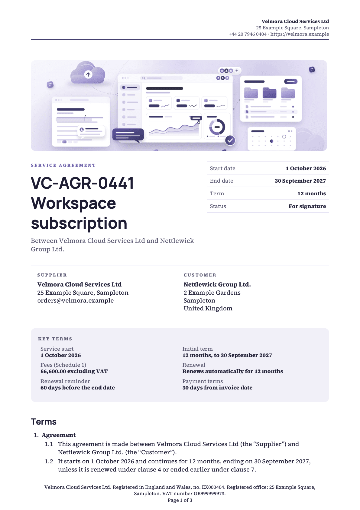 Page 1 of the service agreement for the sample brand Velmora Cloud Services.