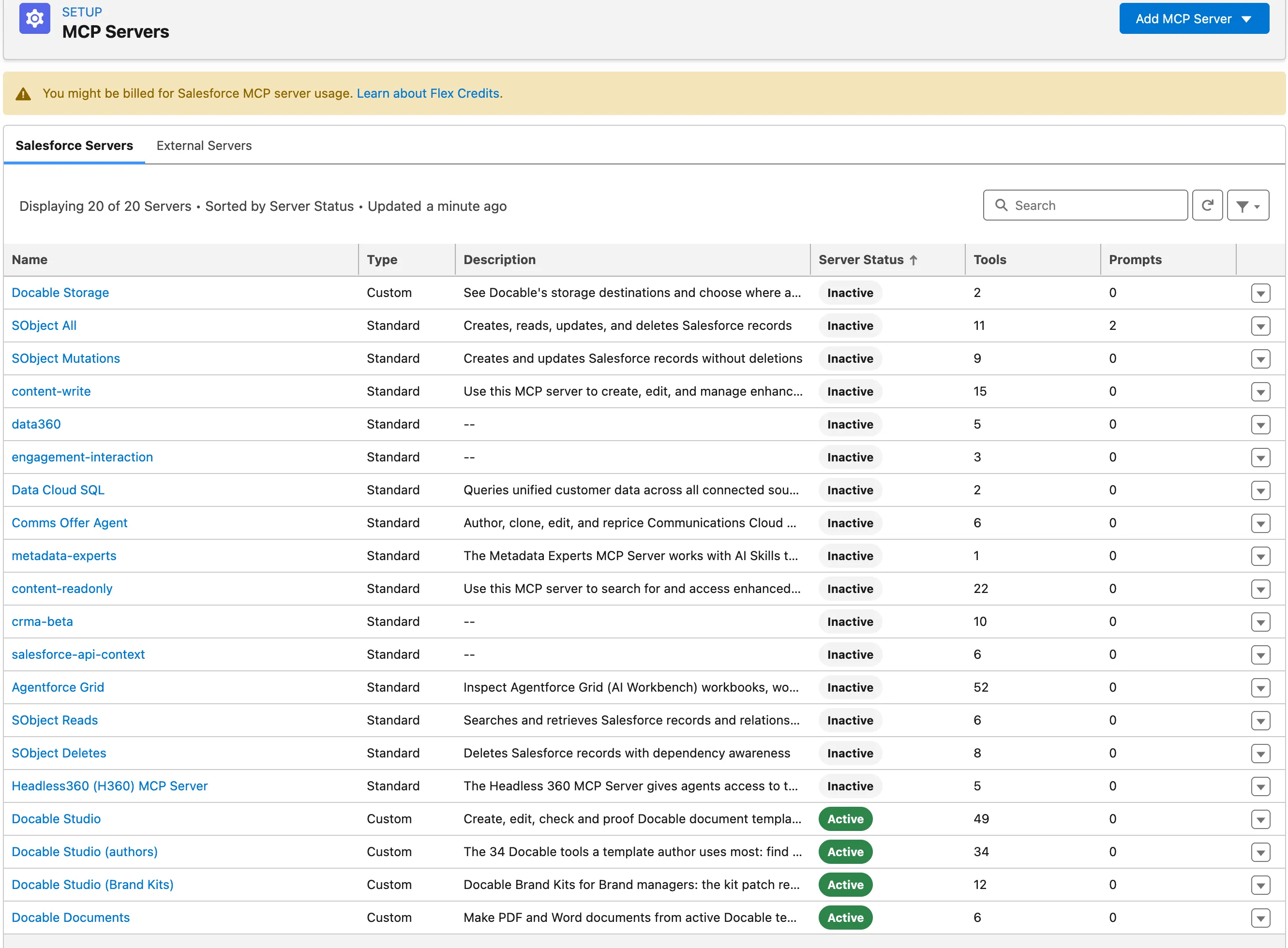 Setup › API Catalog › MCP Servers: the Salesforce servers list with Docable Studio, Docable Studio (authors), Docable Studio (Brand Kits) and Docable Documents active.