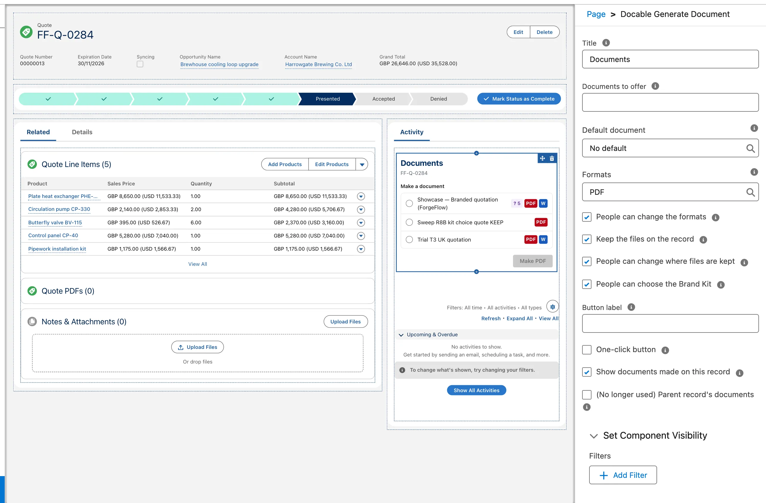 Lightning App Builder: the Docable Generate Document component on a quote record page, with its properties on the right.