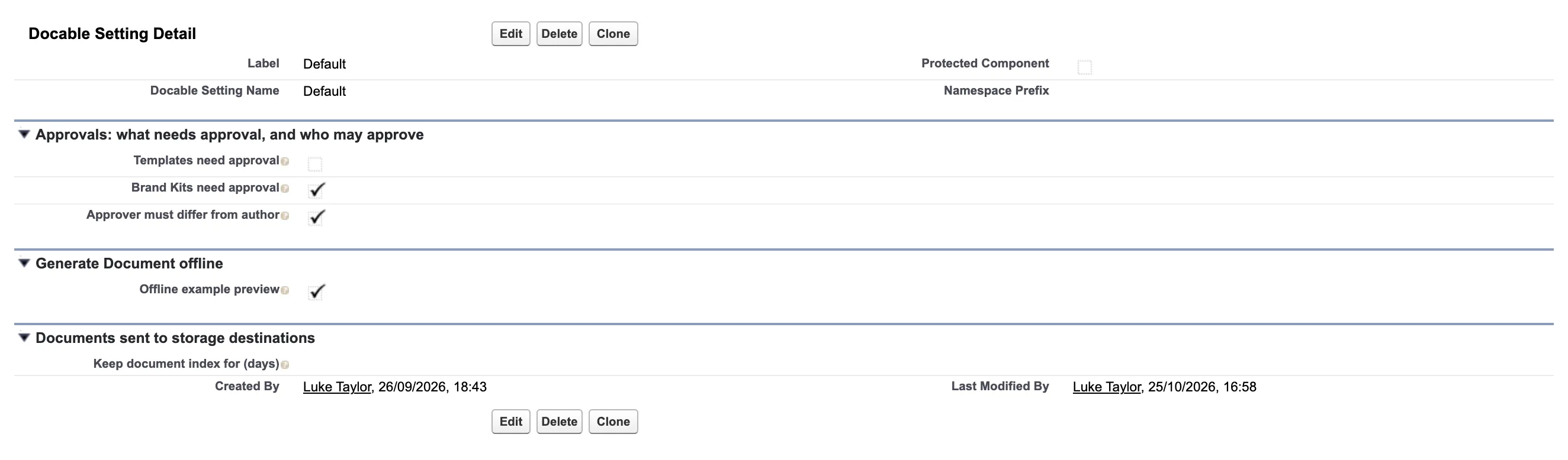 The Docable Setting record Default: Offline example preview ticked under Generate Document offline.